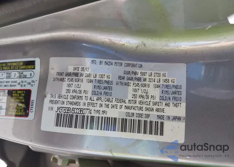 2012 Mazda Cx-9 Sport из США, поврежденный, VIN JM3TB3BV6C0360774